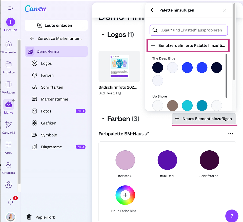 Markenunterlagen in Canva: Weitere Farbpalette hinzufügen Markenunterlagen in Canva: Canva-Ansicht mit sichtbarem Bearbeitungsbereich zum Hinzufügen von Farbpaletten. ‚Benutzerdefinierte Palette hinzufügen‘ und ‚Neues Element hinzufügen‘ sind optisch hervorgehoben durch eine farbige Markierung.