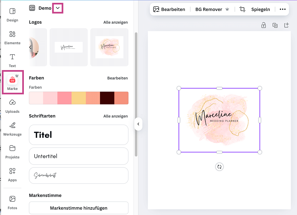 Markenunterlagen in Canva: Zugriff auf Markenbilder im Design-Editor Markenunterlagen in Canva: Canva-Design-Editor mit geöffneter Marken-Seitenleiste. Der ausgewählt und sichtbare Markenbereich ‚Demo‘ und die Markenfarben sind optisch hervorgehoben durch eine farbige Markierung.
