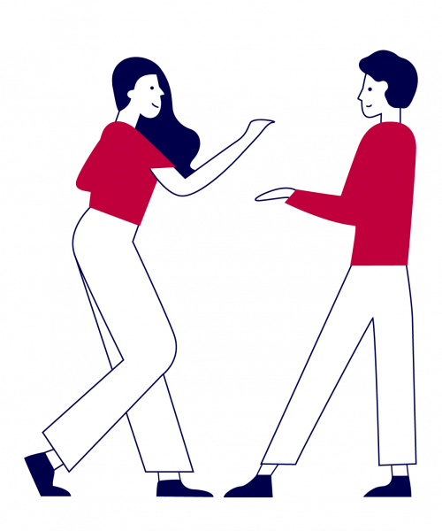 Illustration von zwei Personen, die sich gegenüberstehen und sich mit Gesten austauschen. Beide tragen rote Oberteile. Die Grafik steht für Gespräch, Zusammenarbeit oder Feedback. Symbolbild für das INQA-Coaching von Marketing-Expertin Anne Meinhardt.