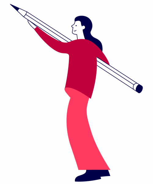 Illustration einer Frau, die einen großen Stift über der Schulter trägt. Sie trägt ein rotes Oberteil und eine rote Hose und schaut nach vorne. Die Grafik steht für Ideenentwicklung, Planung oder Dokumentation. Symbolbild für das INQA-Coaching von Marketing-Expertin Anne Meinhardt.