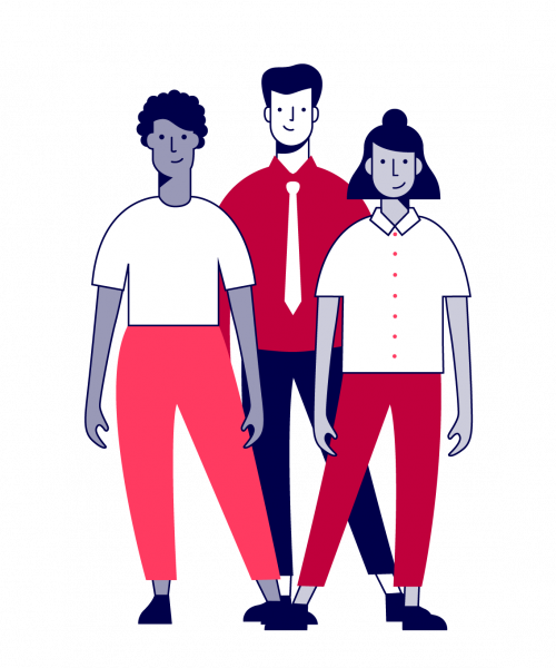 Illustration von drei Personen, die nebeneinander stehen. Eine Person trägt ein rotes Oberteil mit Krawatte, die beiden anderen weiße Oberteile und rote Hosen. Die Grafik steht für ein Team oder eine Gruppe von Mitarbeitenden. Symbolbild für das INQA-Coaching von Marketing-Expertin Anne Meinhardt.